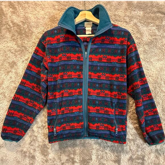 Vintage LL Bean Fleece Zip Up Jacket Fair Isle Aztec Southwest Red Blue S M - Picture 1 of 7
